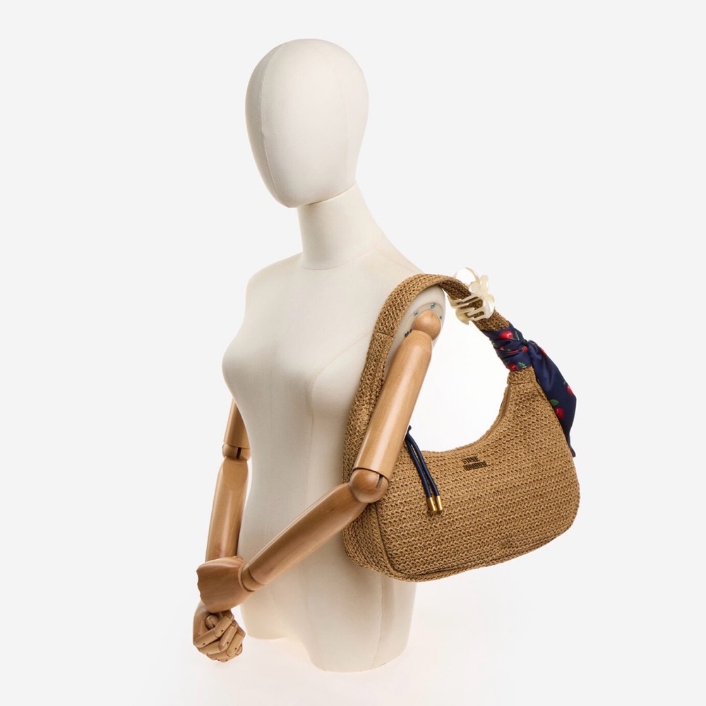 NWT!! ๐๐ Steve Madden Tan Straw Shoulder Bag with Navy Cherry Scarf - Picture 2 of 13